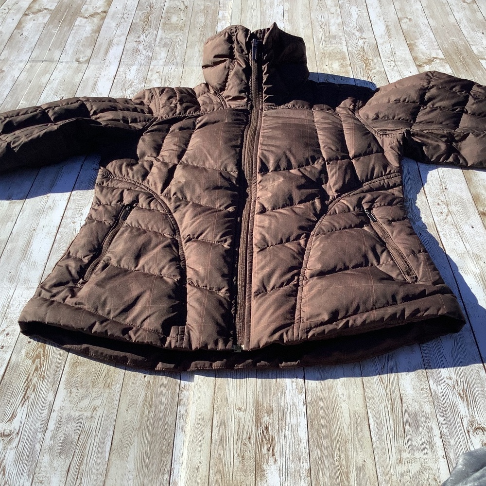 NAU Women Goose Down Puffer Jacket Plaid Brown XS extra small (easily can fit S) - Picture 14 of 15